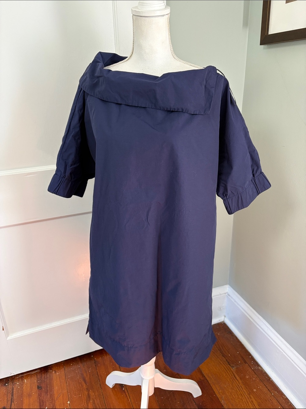 Finley Navy Square-Collar Midi Shift Dress Size Large Cotton Blend